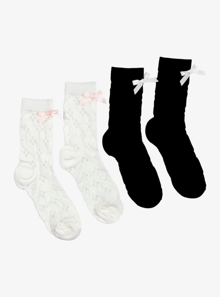 White & Black Ribbon Crew Socks 2 Pair