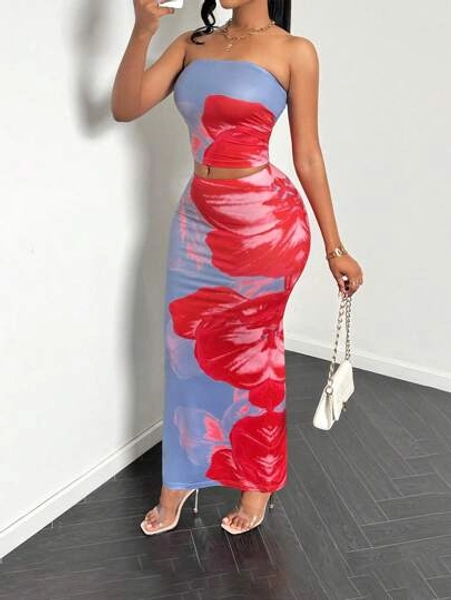 SHEIN PETITE Women's Floral Print Tube Top And Long Fitted Skirt Fashion 2 Pieces Set, Vacation Outfit