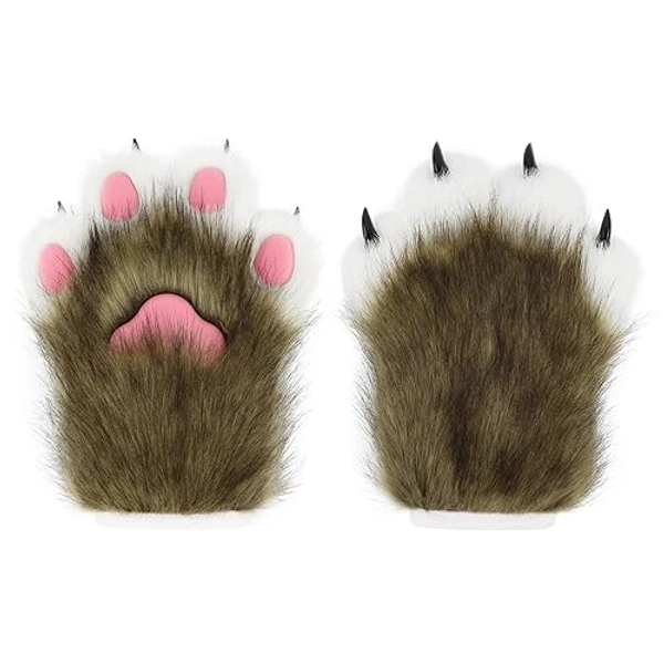 hbbhml Faux Fur Plush Furry Cat Claw Gloves Fursuit Animal Fox Paws Mittens Halloween Cosplay Costume Accessories for Adult