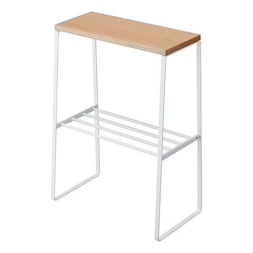 Yamazaki Home Narrow Living Room End Table - Slim Side Storage Shelf Stand Furniture Metal and Wood Modern Skinny Accent Table Steel + WoodWhite