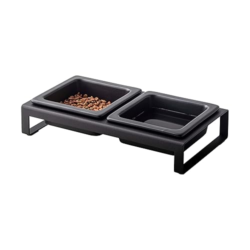Yamazaki Home Tower Steel and Ceramic Pet Food Stand | 2 Bowls for Food and Water | Feeder for Small Cats and Dogs | Non-Slip - Short - 1.25 Cups, 300 Milliliters Per Bowl, Black - Short - Black