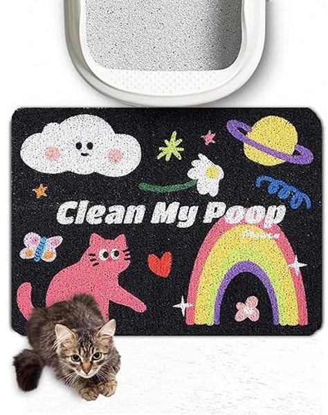 Lukamoo® Cute Cat Litter Mat (24’'x16’’), Large, for Kitty Litter & Cute Cat Litter Box, Cat Accessories for Indoor Cats, Clean My Poop (Rainbow Cat (Black))
