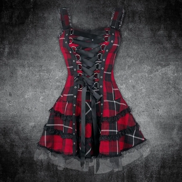 Plaid Lace Up Gothic Mini Dress