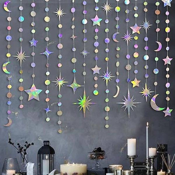 Iridescent Star Moon Circle Dot Garland Party Decoration Kit Hanging Crescent and Twinkle Little Star Streamer Bunting Banner for Kids First Birthday Ramadan EID Mubarak Baby Shower Wedding Decor