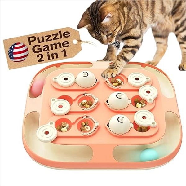 KADTC Cat Puzzle Games Level 2 in 1 Intelligence Mind Game Track Balls Kitten Food Puzzles Toy For Indoor Cats Sensory Activity Enrichment Toys Treat Feeder Entertainment Mental Stimulation Kitty Gift