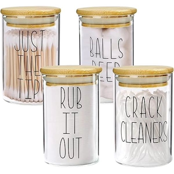 MOMEEMO Apothecary Jars with Lids for Bathroom Organization, Qtip Cotton Ball Round Holder, and Floss Pick Storage are Great for Decor. (Set of 4, Pads & Floss)