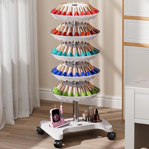 Noverlife White Nail Polish Trolley Organizer, Nail Polish Spinning Rack Display Stand with Wheels, Height Adjustable Tray, 5 Tiers Display Rolling Cart for Nail Salon Pedicure Spa Business Home Use