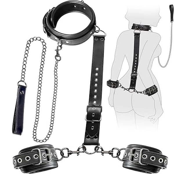 BDSM Bondage Sex Restraints Set Couples Sex Toys, Neck to Wrist Restraints Kit with Traction Chain Back Sex Handcuffs Collar Adjustable Bondage Gear Accessories SM Sexy Slave Beginner Role Play Toy
