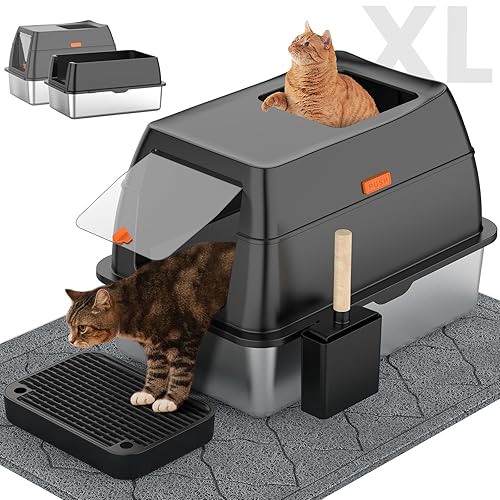 Stainless Steel Litter Box with Lid,Front Entry Top Exit Kitty Litter Box,Extra Large Enclosed Metal Litter Box with Litter Scoop & Litter Mat-Black - Black