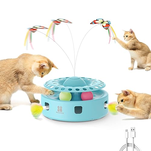 Potaroma Cat Toys 3-in-1 Automatic Interactive Kitten Toy, Fluttering Butterfly, Random Moving Ambush Feather, Track Balls, Dual Power Supplies, USB Powered, Indoor Exercise Cat Kicker (Blue) - Blue