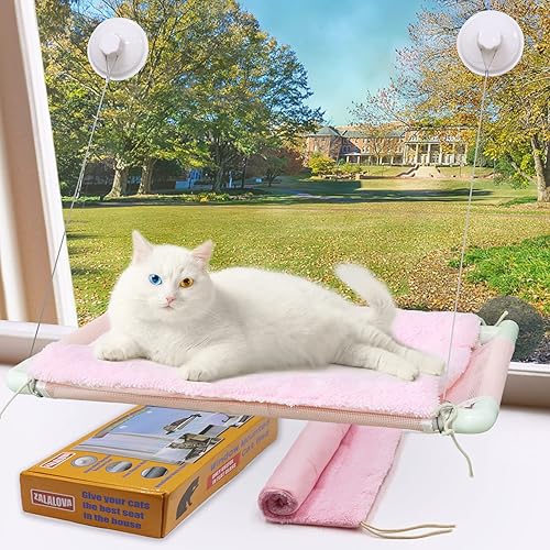 ZALALOVA Cat Window Perch, Pink Cat Hammock Window Seat Free Fleece Blanket for Female Cat 2025 Latest Screw Suction Cups Extra Large Sturdy Cat Bed Cat Resting Indoors (One Extra Suction Cup) - Pink