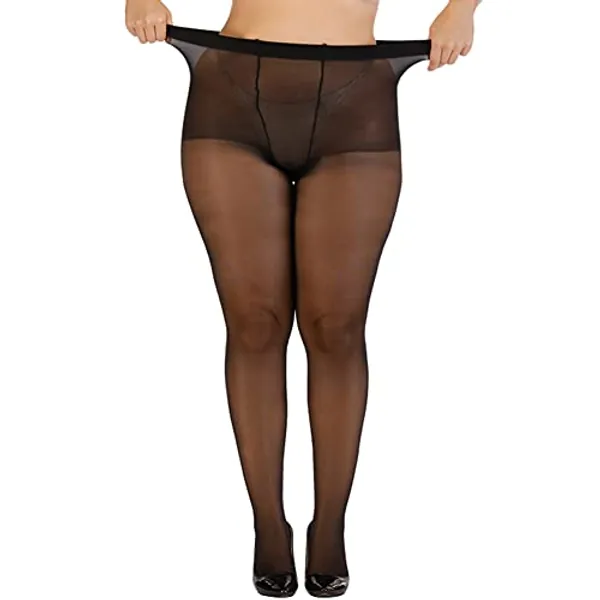 ARRUSA Super Durable Plus Size Tights, High Waist Control Top Sheer Pantyhose, Shiny Nylon Thigh High Stockings for Women
