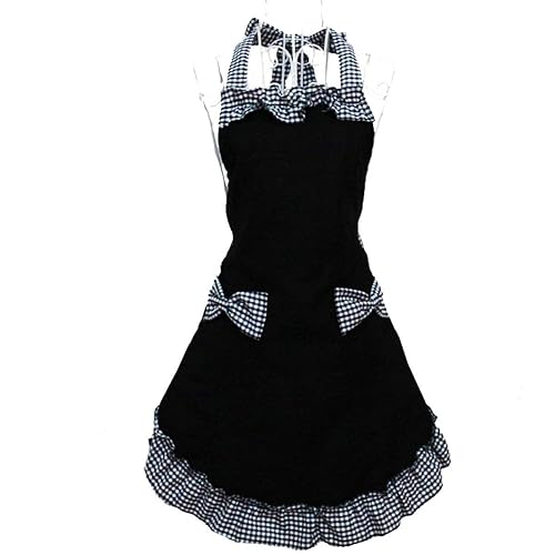 Hyzrz Cute Retro Lovely Vintage Ladies Kitchen Flirty Vintage Aprons for Women Girls with Pockets for Mothers Day Gift (Black) - Black