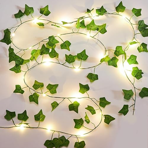 KASZOO 2 Pack 6.56 Ft Vines with Fairy Lights Battery Operated, 40 LEDs Artificial Garland Plant Vine Fairy Light, Hanging Ivy Lights for Bedroom Garden Party Wall Room Decor