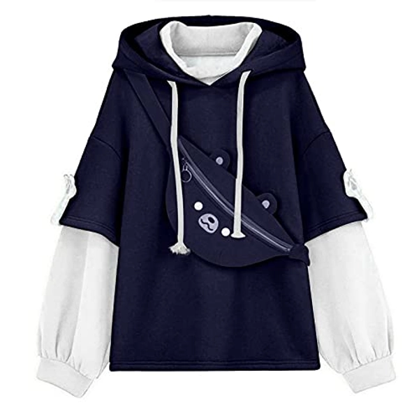 Sookity Kawaii Hoodie Damen Kapuzenpullover Herbst Winter Warm Süßer Dinosaurier Pulli Outwear Langarm Sweatshirt Mädchen Japanischen Karikatur Pullover Bluse Tops für Party Reisen Tägliche
