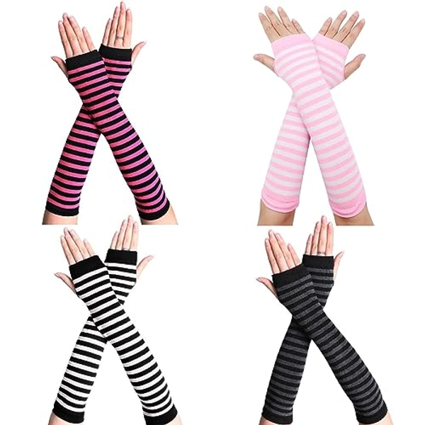 Scettar 4 Paare Damen Lange Fingerlose Handschuhe ，Gestreift Stricken Armwärmer für Frauen, Y2k Streifen Fingerlose Armstulpen Handschuhe für Herbst Winter