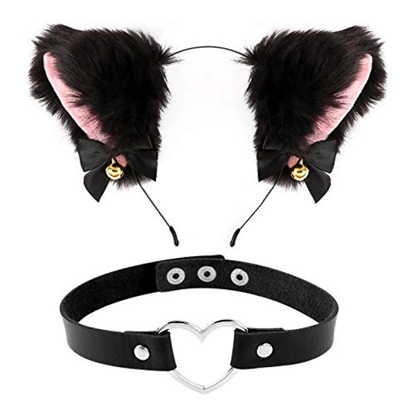 FLOFIA Katzenohren Haarreif cat Ears Haarschmuck Fuchsohren mit Herz Halskette Katzen Haarreif Katzeohren Cosplay Kostüm Set cat Ears Cosplay Katzenkostüm Set für Karneval Kinder Erwachsene Schwarz