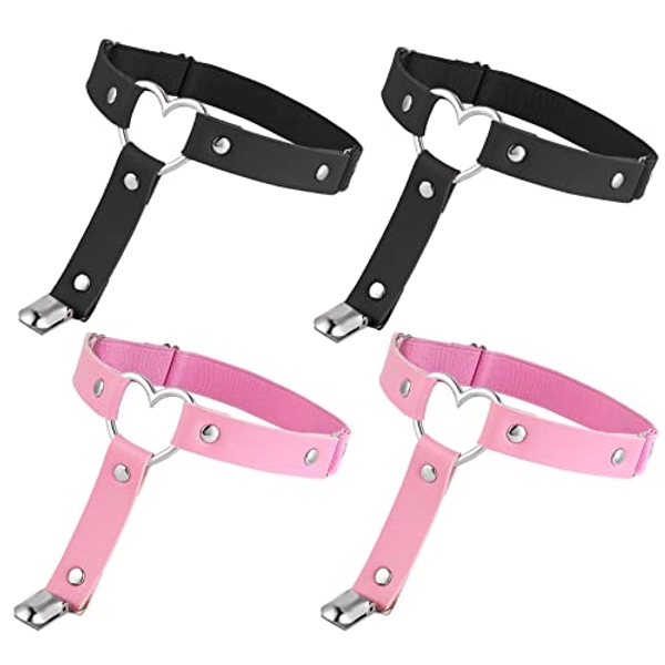 4 Stück Leder Bein Strumpfband Damen Verstellbar Punk Gothic Strumpfband Schwarz Rosa Anti Rutsch Clip Strumpfhalter Halloween Karneval Cosplay Party Zubehör