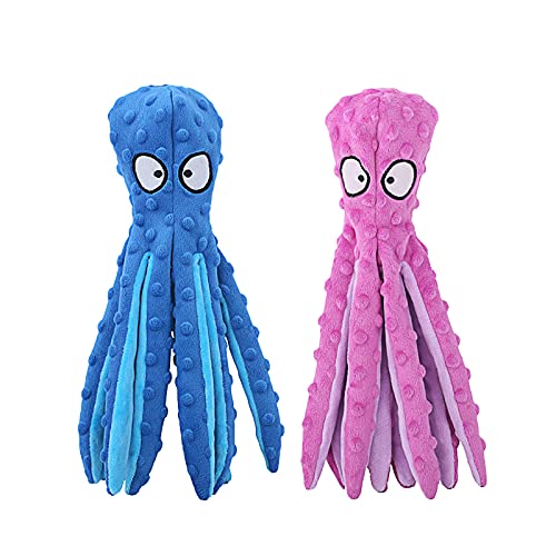 HGB Squeaky Dog Toys, Octopus No Stuffing Crinkle Plush Dog Toys to Keep Them Busy, Durable Interactive Dog Chew Toys for Puppy Teething, Large Dog Toys for Large Medium Small Breeds, Pet Toys, 2 Pack - Octopus Purple & Blue