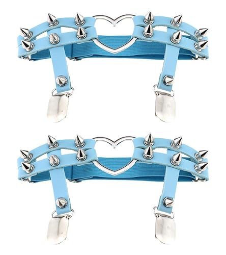Women Sexy Leather Heart Garters Punk Rock Rivet Stud Leg Ring 2pcs - One Size - Blue