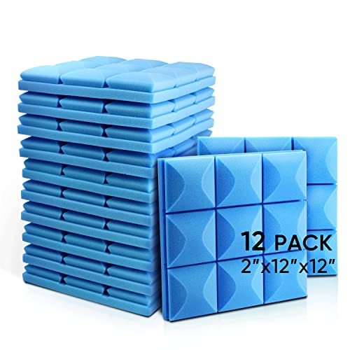 Fstop Labs Acoustic Foam Panels, 12 Pack Blue 2" X 12" X 12" Mushroom Studio Wedge Tiles, Sound Panels Sound Proof Foam Panels Sound Proofing Padding For Wall - 12 Pack - Blue