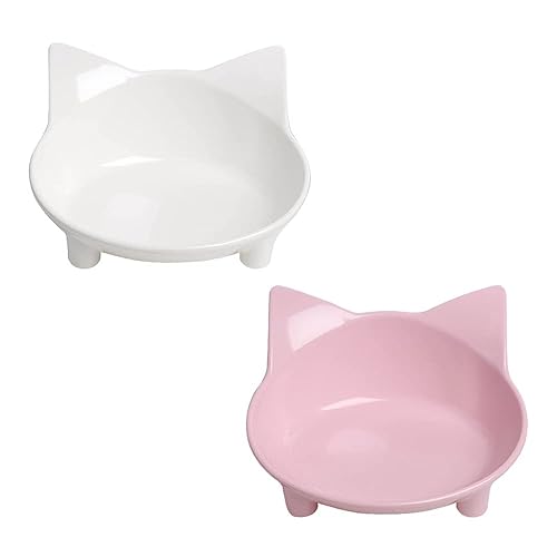 Skrtuan Non-Slip Cat & Dog Food Bowl – Wide, Shallow Pet Dish for Whisker Fatigue Relief, Safe for Puppies & Rabbits - White+Pink