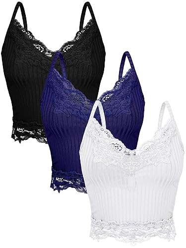 Bencailor 3 Pcs Women's Lace Tank Tops Y2k Camisole Lace Patchwork Crop Tops Grunge Style Ribbed Knitted Clothing - Medium - White, Navy Blue, Black