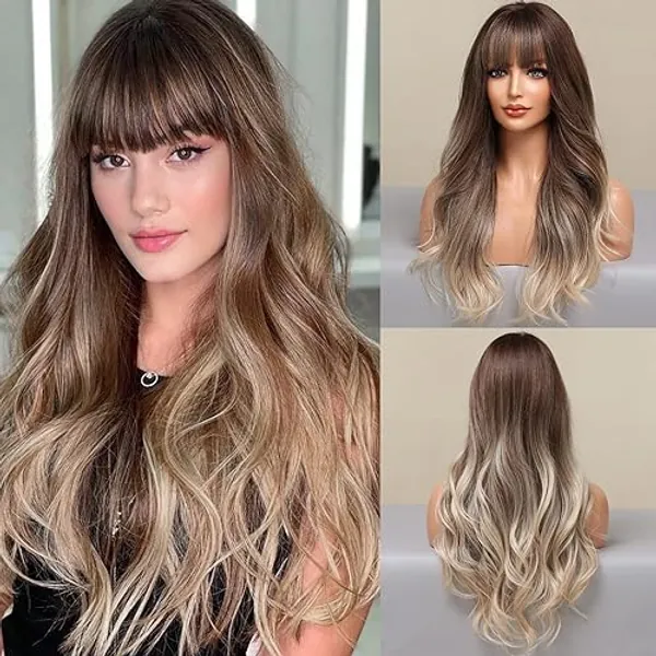 HAIRCUBE Ash Blonde Wig with Bangs Long Ombre Brown to Blonde Curly Wigs for Women Natural Synthetic Wig for Daily Use (pelucas de cabello natural)…