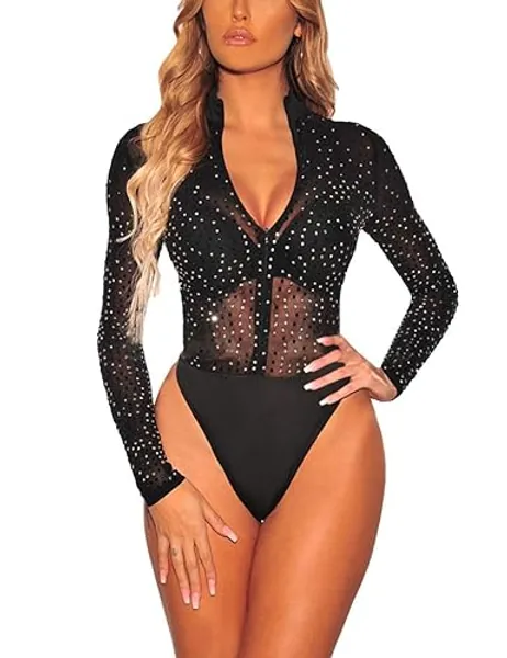 Lrady Women's Sheer Mesh Turtleneck Neck See Through Leotard Bodysuit Body Tops