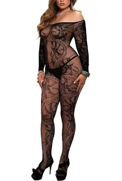 Buitifo Womens Fishnet Bodystocking Plus Size Crotchless Bodysuit Sexy Tights Soft Nightwear Lingerie