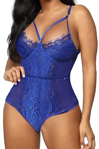 Aranmei Lingerie for Women Eyelash Lace Strappy Sexy Teddy Babydoll Lingerie with Snap Crotch