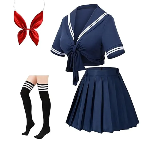 Japanese Anime Schoolgirl Classic Sailor JK Harajuku Crop Top Tie up Pleated Skirt Uniform Seifuku Socks Bow Set