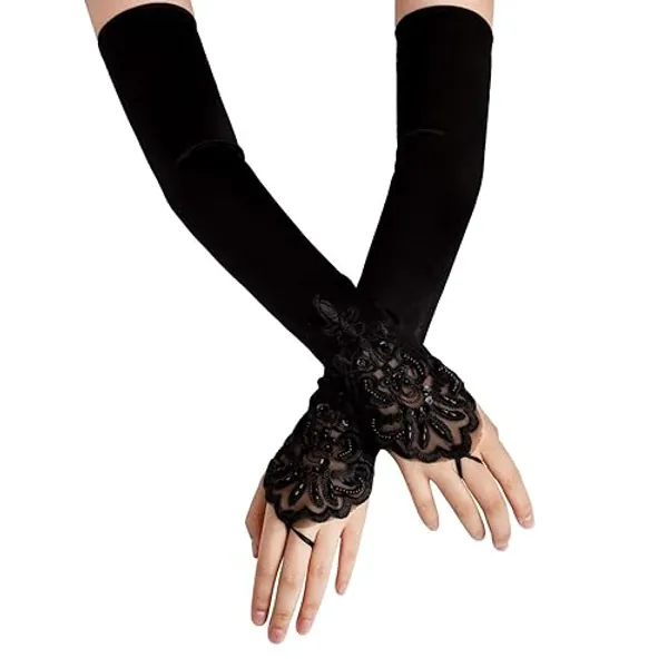 SAVITA Black Fingerless Long Gloves Pierced Elbow Length Satin Gloves 19 Inches Stretchy Opera Evening Party 1920s Gloves for Women Cosplay Bridal Wedding