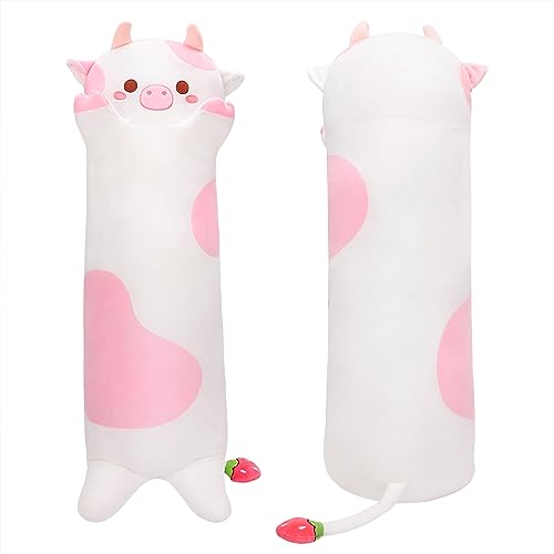 Achwishap Long Cow Plush 35.5", Pink Hugging Stuffed Animals, Unique Design of Strawberry Tail, Weighted Sleeping Plushy Body Pillow, Beloved Soft Plush Toy Gift at Birthday Easter