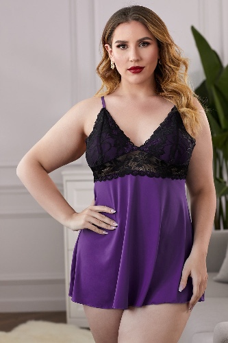 Lace See-Through Plus Size Chemise - Purple / 3X