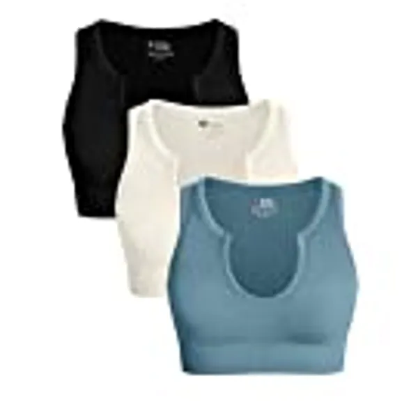 OQQ Women's 3 Piece Medium Support Crop Top Seamless Ribbed Removable Cups Workout Yoga Sport Bra