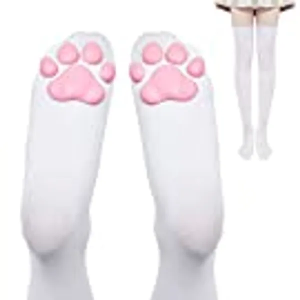 Geyoga Cat Paw Pad Socks Thigh High Pink Cute 3D Kitten Claw Stockings for Girls Women Cat Cosplay
