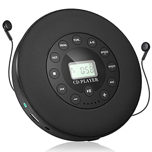WOKALON CD Player Portable with Stereo Speakers, for Family,Rechargeable CD Player Portable with 2000mAh Battery, Anti-Skip Walkman CD Player for Car with Headphones and AUX Cable (Black) - Black