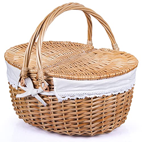 Wicker Picnic Basket with Lid and Handle Sturdy Woven Body with Washable Lining - Natural Colour