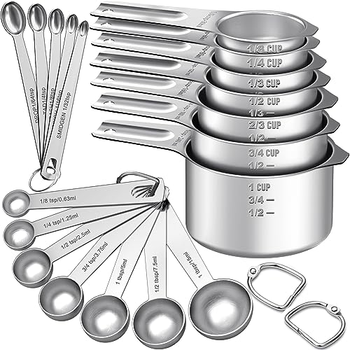 Measuring Cups and Spoons Set, 7 Stainless Steel Nesting Measuring Cups & 7 Spoons, 5 Mini Measuring Spoons & 2 Detachable Rings, Kitchen Gadgets for Cooking & Baking, Set of 21 - Round