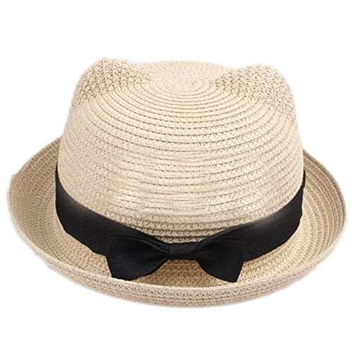 eYourlife2012 Girl's Vintage Cat Ear Bowler Straw Hat Sun Summer Beach Cap - Beige