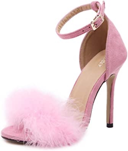 MMJULY Women's Open Toe Ankle Strap Fluffy Feather Stiletto High Heel Dress Sandal - 8.5 Pink