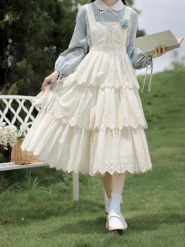 [$57.25]Lace-up Detail White Cottagecore High Waist Overall Dress Tiered Skirt