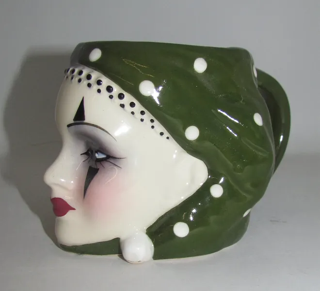 Unique Creations Hand Painted Ceramic Jester Clown Pierrot Face Mask head vase with handle - NEW IN BOX