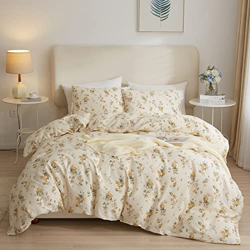 VM VOUGEMARKET Yellow Floral Duvet Cover Queen 3 Pieces Cotton Girls Cottagecore Bedding Set,Rose Flower Comforter Cover with Zipper Closure,Vintage Country Bedding 90x90 - Queen(90" x 90") - F# Wendy