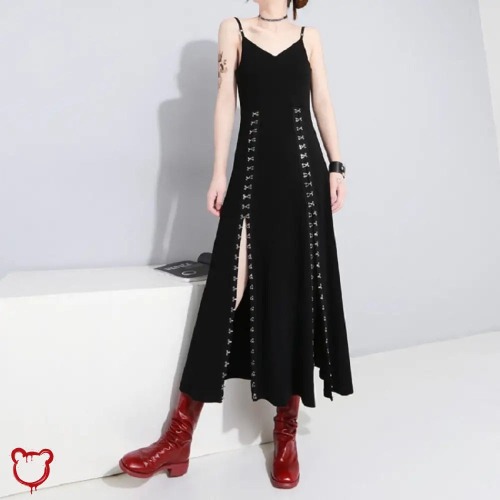 'Grunge Eyelet Black Dress' - black / XL