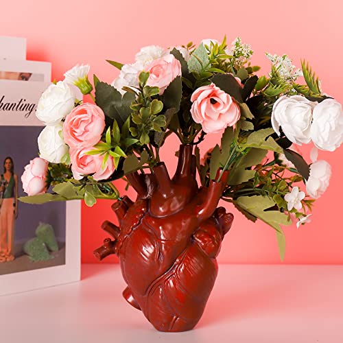 MANMAOHE Red Anatomical Heart Vase Resin Flower Pot Desktop Ornament Heart Shaped Vases for Flowers Heart Sculptures Home Decor, 4.3x6 Inch (Red) - Red