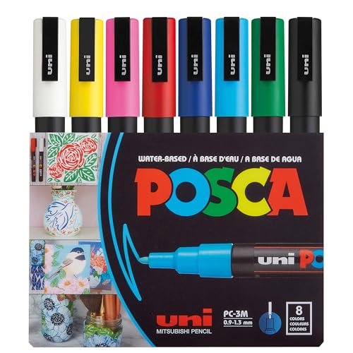 8 Posca Paint Markers, 3M Fine with Reversible Tips, Set of Acrylic Paint Pens for Art Supplies, Fabric Paint, Fabric Markers, Art Markers - Fine 3M
