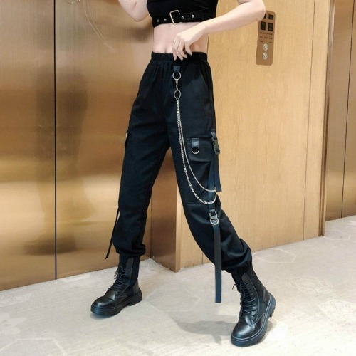 'End of the Train' Casual Black Grunge Goth Cargo Pants - Black / XL