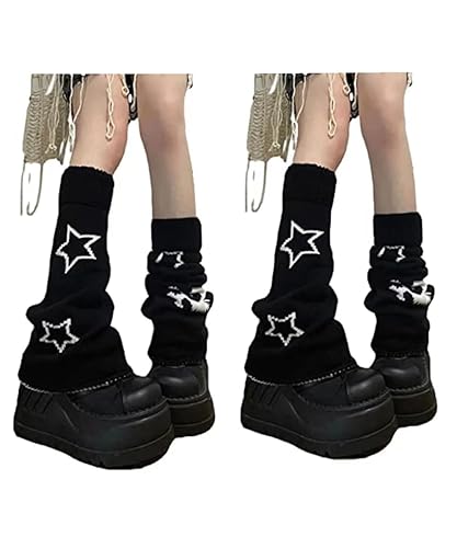 heyheyshine Y2k Star Skull Print Two Side Wear Knitted Leg Warmers Socks Punk Girls Japanese Kawaii Streetwear Leg Cover - one pair